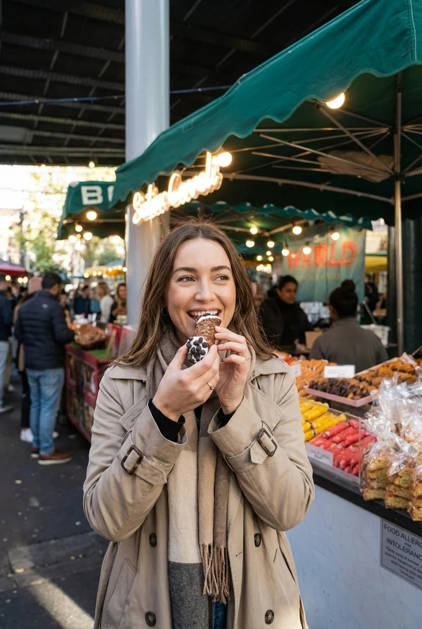 Woman eating outdoors at a market stall with people and stalls in the background